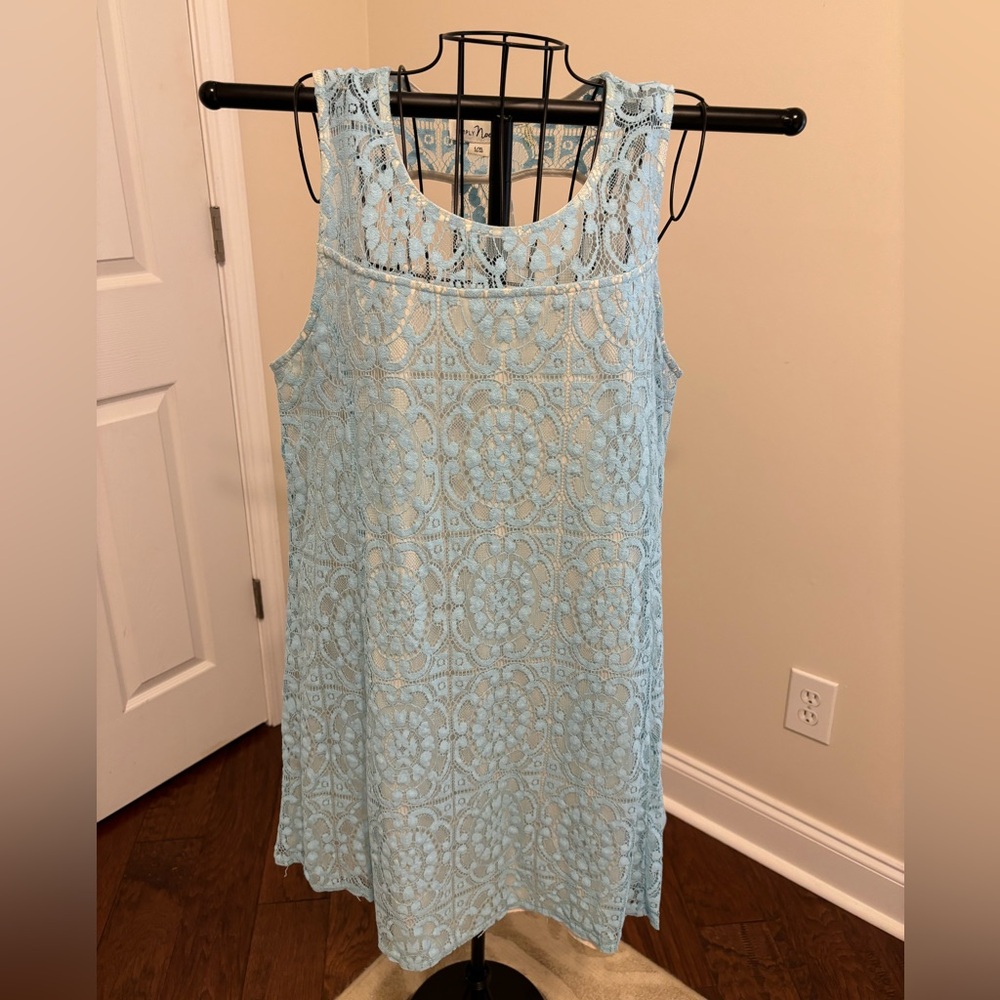 Boutique brand lace overlay dress with back cut outs, Coordinating sequin wrap.
